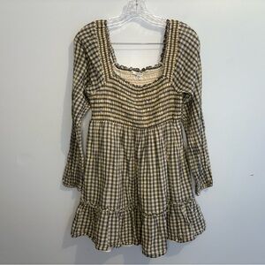 American Eagle Women’s Medium Plaid Smocked Bodice Long Sleeve Mini Dress Blue